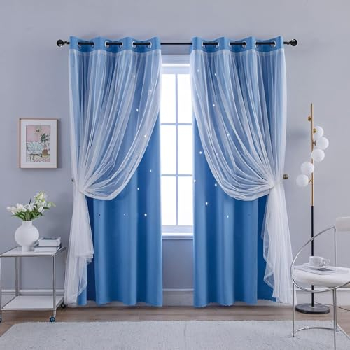 FloAPa Star Vorhänge Hohle Sterne Wärmeisolierend Verdunkelungsvorhang Doppellagige Mit Voile Hohlen Sternen Kinder Vorhänge Gardinen,003,W132cm*H245cm/52in*96in