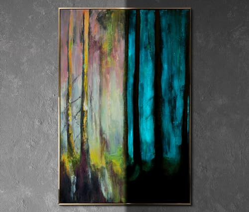 YS-Art Quadro Astratto Foresta Colorata su Tela – Arte Incorniciata con Effetto Luminescente per Soggiorno Moderno 140x100 cm
