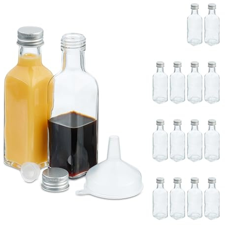 Relaxdays kleine Flaschen, 16er Set, 100 ml, Glasflaschen zum Befüllen, Schraubverschluss & Korken, transparent/silber