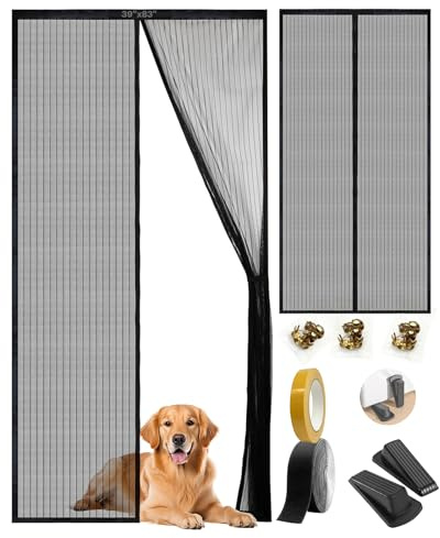 Magnetic Screen Door, 39x83 Inch Screen, Strong Magnetic Screen for 38x82 Door Size, Fiberglass Screen with Hook and Loop Closure, Black Screen Door, Includes stoppers, 3 Studs & Residue-Free Tape.