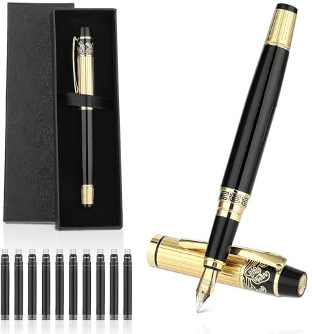 Andibro Luxuriöses Metall Füllfederhalter,0.5 mm Feiner Spitze Kalligraphie Stift aus Robuste Edelstahl mit 10 Stück 2.6 mm Schwarzer Tintenpatronen Geschenkbox für Herren Büro Schulbedarf