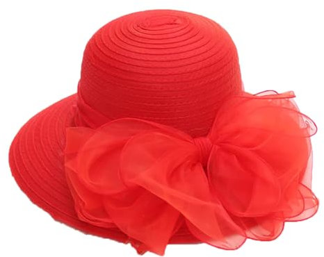 Yeuyyben Eleganter Damenhut mit Schleife, Organza, breite Krempe, Sonnenschutz, Hüte für Frauen, Kirche, Hochzeit, Strand, Sonnenkappe, faltbar, rot, Einheitsgröße