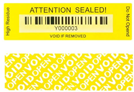 Manipulationssichere Etikettenaufkleber mit Barcode, Gesamtübertragung, Sicherheitsgarantie, für wiederverwendbare Verpackungen mit Seriennummer (2,5 x 8,6 cm, Gelb), 120 Stück
