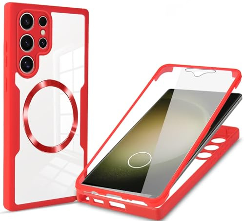 ESONG Funda magnética para Samsung Galaxy S22 Ultra,Transparente Carcasa compatible con Magsafe,Protector de pantalla+Protectores de lente de cámara,Protección completa de 360 grados Antigolpes Rojo
