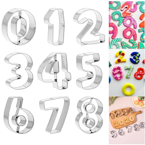9 unidades de moldes de galletas con números del 0 al 9, molde para tartas con números, acero inoxidable, digitales, fondant, cortadores de galletas, números, herramientas para decoración de tartas