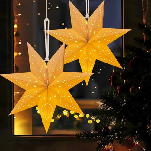 Etoile Papier a Suspendre, 2 Pièces Etoile de Noel Lumineuse, LED Étoiles de Noël en Papier, Étoiles Décoratives Pliantes pour Fenêtre, Noël, Anniversaire