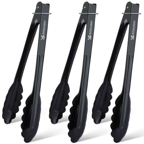 MSY BIGSUNNY 9 Inch Kitchen Food Tongs, Buffet Tongs, Serving Tongs for Cooking, Grilling, Aluminum Tongs - Set of 3 (Black)