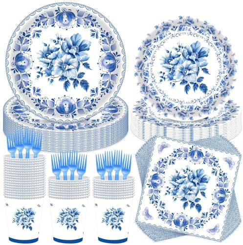 YASYU 84 Pcs Floral Blue & White Party Tableware Set Including Disposable Flower Paper Plates Cups Napkins Forks for Tea Party Birthday Wedding Decorations,Serve 16