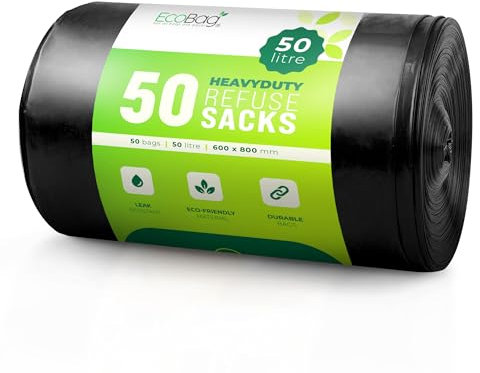 EcoBag - Extra Strong Heavy Duty Refuse Sacks - Recyclable Bin Bags, Leak Resistant, Eco-Friendly, Durable Waste Disposal Bags for Household & Commercial Use, 33 Micron (Μm) / 50l