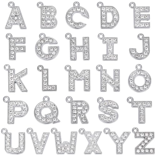 SUNNYCLUE 1 Scatola da 26 Pezzi di Ciondoli con Lettere Dells'Alfabeto in Lega con Strass Grandi Ciondoli in Metlega Lucido Argentato Lettere dalla A alla Z A Forma di Ciondoli per La Creazione di G