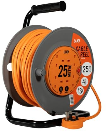 WE Retail Ultra-Tough 25m Professional Extension Reel with 4 Power Sockets - Perfect for Workshops, Construction Sites & Outdoor Use, Bright Orange Cable and Extra Strong Frame- ECR25HD
