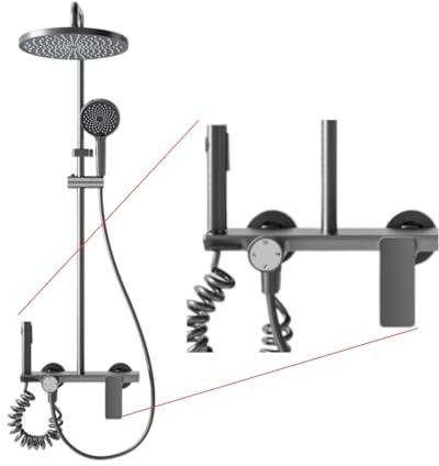 INEX EUROPA STELO Colonne de douche avec tête ronde, noir/gris titaneo, 4 modes de fonctionnement, douche à main, tête ronde, jet concentré et robinet de baignoire