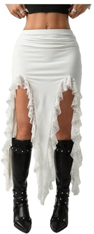 Verdusa Women's Lace Asymmetrical Skirt High Slit Boho Western Flowy Skirt Concert Rave Outfits White Medium