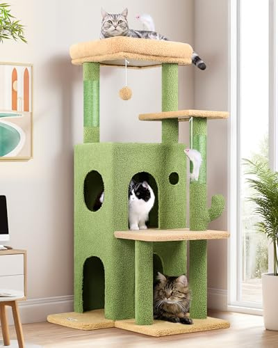 Globlazer FC50 Kratzbaum klein Grün Stabil 127cm für Große/Senioren Katze | Katzenbaum mit Große Zweistöckiges Katzenhaus、Gepolsterte Plattform、Groß Basis für Ausruhen Spielen Kratzen Innen