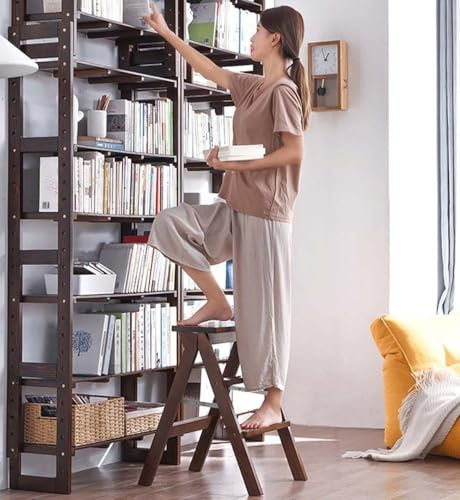 MEYEBP Escabeau Pliant à 3 Marches, Escabeaux en Bois pour Cuisine, Bibliothèque Et Salle De Musique, Bois De Caoutchouc Naturel, Pliable Et Portable