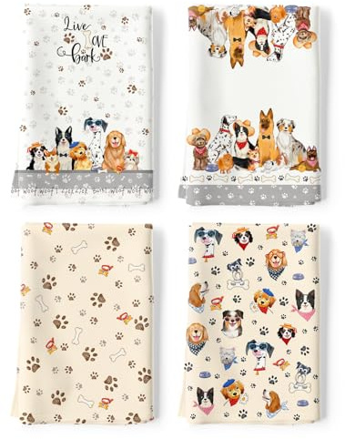 Arquiel Sommer Hund Geschirrtücher 100% Baumwolle 4er-Set 48 x 70 cm | Geschirrtücher aus 100% Baumwolle, Motiv: Sommer Hund; saugfähig und pflegeleicht zum Abtrocknen in der Küche.