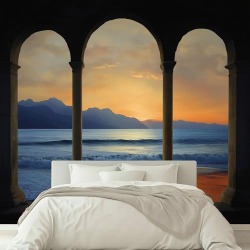 Fotomurales Papel pintado 300 x 210 cm Papel pintado tejido no tejido Decoración de Pared decorativos Murales Moderna Diseno Ventanas arqueadas Playa al atardecer