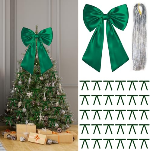 17x23 Inch Large Green Bow for Christmas Tree Topper Christmas Tree Decoration Set: 24 Small Velvet Bows, 1 Pcs Big Tree Topper Bow, 3000 Strands of Tinsel Icicles for Holiday Decor (Green)