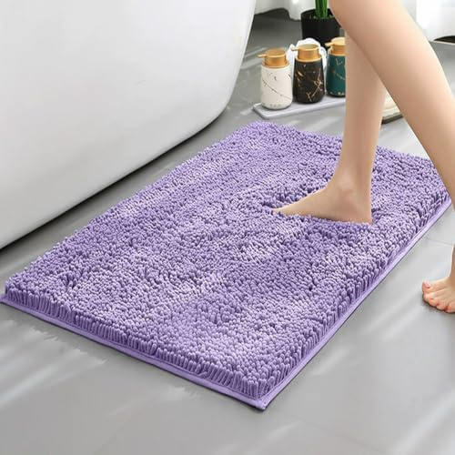 Mozzeilee Badmatta halkfri chenille, extra mjuk fluffig badmatta för dusch och badkar, hållbarhet anti-mögel badrumsmattor vattenabsorption bad fot golvmatta (lila, 60 x 40 cm)