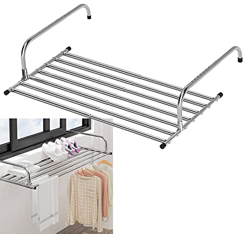 Portable Collapsible Drying Rack Stainless Steel Adjustable Clothesline for Indoor and Outdoor Use Ideal for Balconies Railings Windows and Heaters (20~34inch)