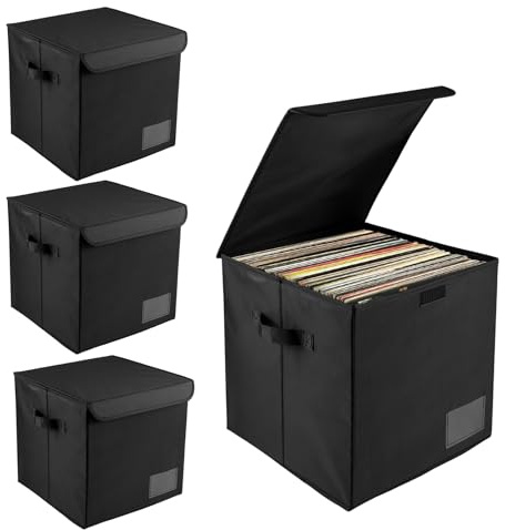 KEGAJEGA 4 unidades de tela Oxford – Discos de vinilo – Caja de almacenamiento con tapa y caja de almacenamiento de vinilo plegable y apilable para coleccionar álbum valioso