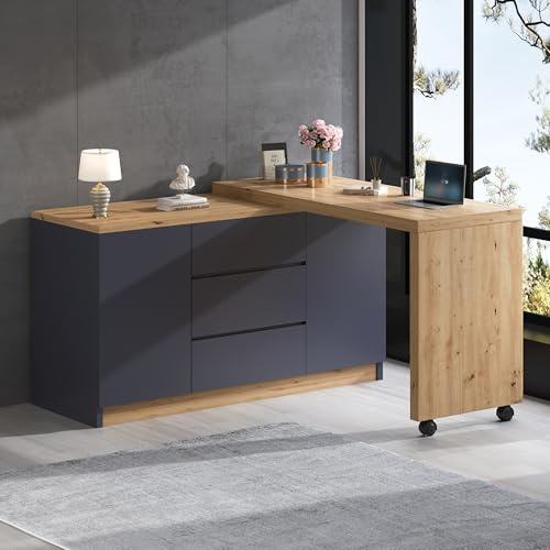 Merax L-förmiger Schreibtisch mit Rollen, dreh & klappbarer Computertisch, 4 cm Dicke Tischplatte, Eckschreibtisch oder Sideboard, mit 3 Schubladen & 2 Türen, Dunkelgrau & Holzfarbe