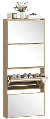 HOMCOM Zapatero Estrecho 4 Puertas con Espejo 63x17x146 cm Natural | Zapatero Entrada Recibidor, para 12 Pares de Zapatos, para Pasillo, Espacios Reducidos