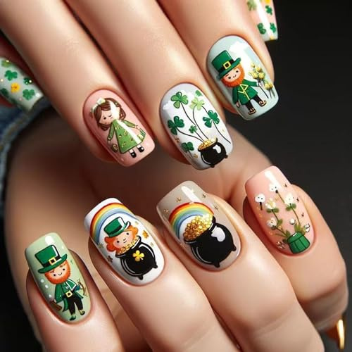 Lot de 24 faux ongles carrés en forme de trèfle à coller sur 12 tailles