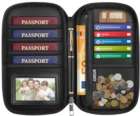JUNDUN Feuerfeste Reisepass Tasche mit RFID für 4 Personen Familie