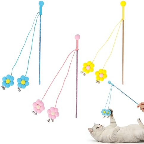MOTIBACK 3 Stück Katzenspielzeug Angel mit Glöckchen, Interaktive Spielangel für Katzen, Katzen Angel mit Blumen Anhänger Elastischer Schnur, Kitten Spielzeug für Katzenbeschäftigung