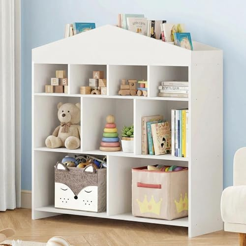 JOLLYTOP Kinderregal Hausform Aus Holz – 9 Fächer Spielzeug- & Bücherregal Mit Anti-Kipp-Sicherung – Standregal Für Kinderzimmer, Spielzimmer & Kindergarten