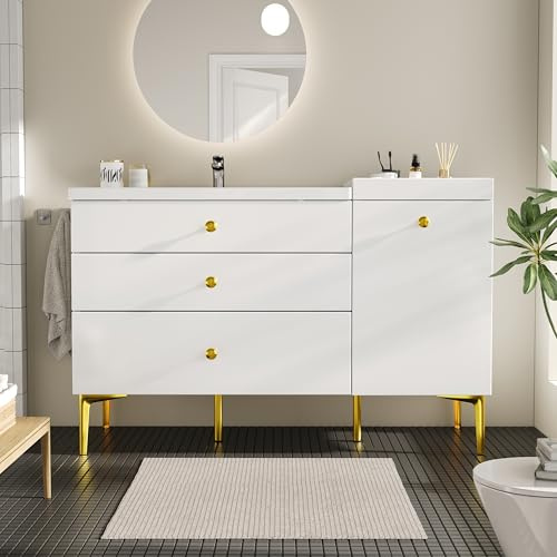 BENMWS Armadietto da bagno, 120 x 47,5 x 80 cm, bianco con oro, mobiletto per lavabo in ceramica, mobile da bagno con cassetti e armadietto, mobili da bagno moderni