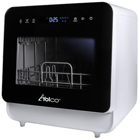 Yolco DWM02 Mini lave-vaisselle de table compact, 5 l, pour 2 à 3 couverts, autoportant, 6 programmes, eau chaude 75 °C, réservoir d'eau et raccordement d'eau, idéal pour cuisine, appartement