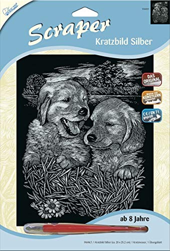 Mammut 136041 Kratzbild Motiv Hundebabys, silber, glänzend, Komplettset mit Kratzmesser und Übungsblatt, Scraper, Scratch, Kritzel, Kratzset für Kinder ab 8 Jahre
