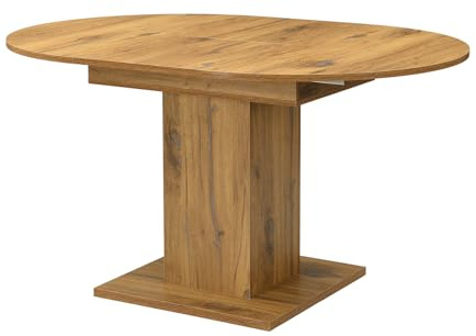 B&D home® ausziehbarer Esstisch WIM Ø 100– 140 x 100 cm – runder Säulentisch mit Butterfly Auszug, Melamin Vintage Eiche, platzsparender Holztisch für Küche & Esszimmer