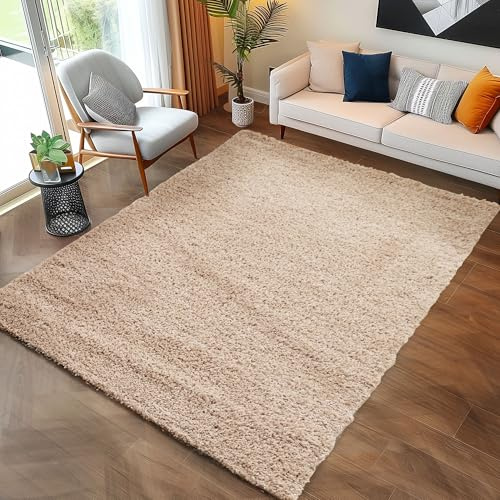 Carpettex Shaggy-Teppich, Hochflor, Wohnzimmer, Florhöhe 3 cm, einfarbig, Beige, 120 x 170 cm
