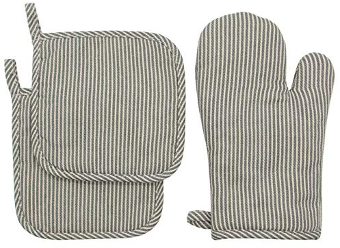Cotton Oven Mitts and Pot Holders Set, Kitchen Quilted Oven Gloves, Hot Pan Mat Pads Set for Cooking Grilling Barbeque Baking Heat Resistant Set of 3 (3, Grey Stripes)