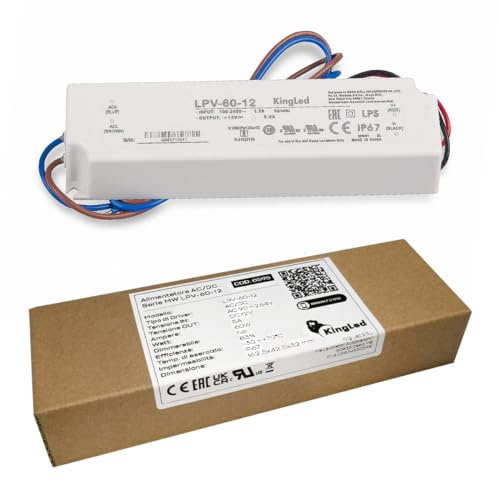 KingLed – Fuente de alimentación Mean Well, impermeable, 60 W, 12 V, corriente continua, modelo LPV-60-12, IP67, transformador de CA 220 V a CC 12 V, compatible con cinta de ledes, cód. 0595