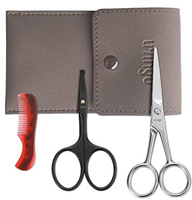 LIVINGO Beard Mustache Scissors for Men, Professional Rounded Tip Safety Sharp Stainless Steel Small Beauty Facial Nose Hair Trimming Shears Kit with Mini Comb and Leather Case