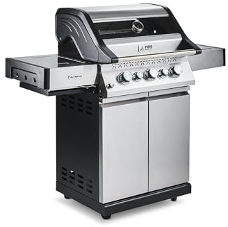 Fire Mountain Olympus 5 Burner Gas BBQ Searing Side Burner | Stainless steel barbecue cast iron grill glass viewing lid built in temperature gauge garden parties patio