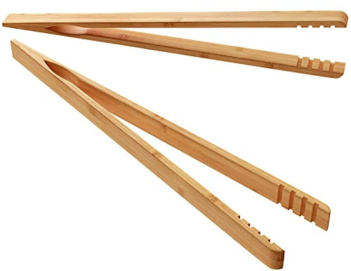 DUJEN 2 Pieces Bamboo Toast Tongs, 10.2 Inches Long Wood Toaster Tongs with Anti-slip Design, Tongs for Cooking with Cooking Oil Coating