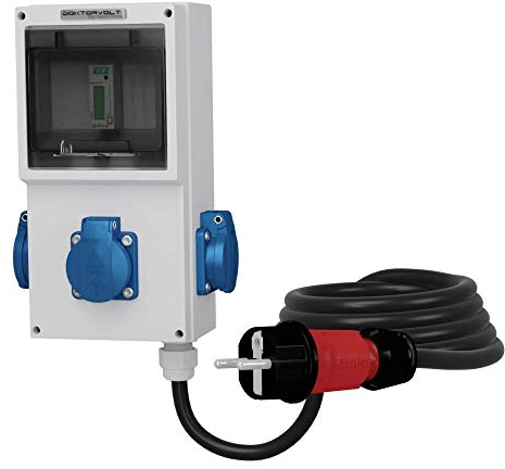 Distributore di corrente da cantiere, 3 x 230 V, contatore di corrente mobile, mid, 3 x 2,5 mm2, con contatore, dottorvolt 4302