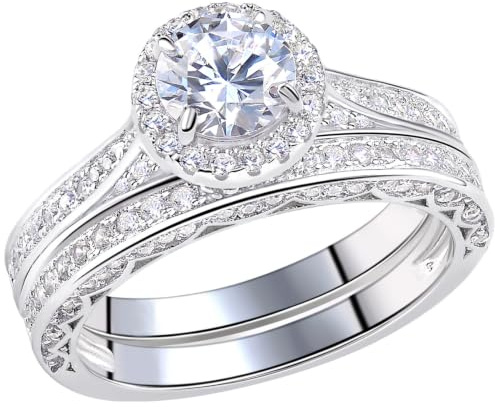 SHELOVES Halo Bridal Rings Set Round Cut CZ Wedding Rings Set for Women | AAAAA Cubic Zirconia Vintage Engagement Rings Set for Her Art Deco White Gold Plated Size H-Z 1/2