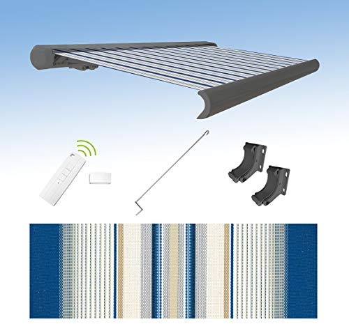 Eclipse Vollkassettenmarkise elektrisch 4x3m basaltgraues Gehäuse Markise Balkon Terrassenüberdachung Gelenkarm Polyacryltuch UV-Schutz 50+ Smarthome-fähiger Dooya Motor, Markisentuch: Meeresfarbe