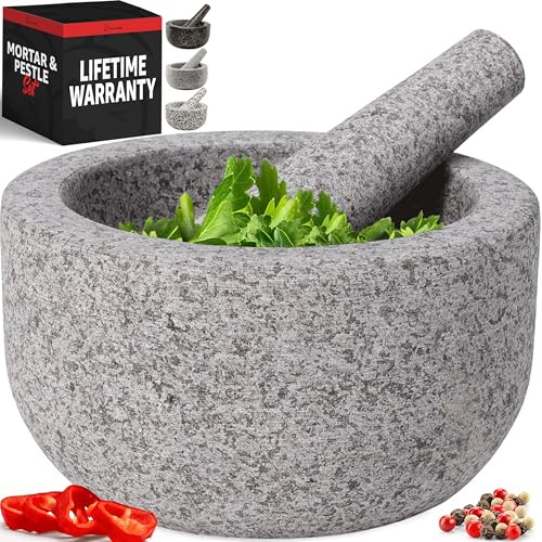 Priority Chef Robustes großes Mörser und Stößel-Set für 4 Tassen, 100 % natürlicher Granit, Schüssel, 18,3 cm Stößel, rutschfester Boden, Steinmühle für Guacamole, Salsa, Pesto, Kräuter, Gewürze, Grau