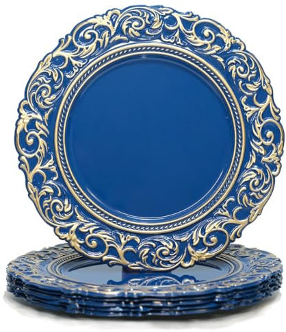 Umisriro Antique Charger Plates with Gold Rim, 13 Inch Royal Blue Dinner Plate Chargers Round Server Ware. Set of 6 Plastic Embossed Charger for Dinner, Wedding, Elegant Tableware Decor