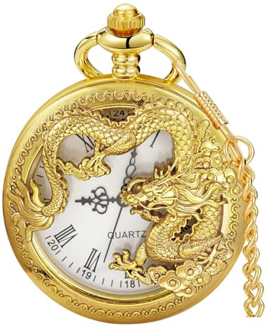 Alwesam Gold Dragon Design Quartz Pocket Watch Roman Numerals with Chain Birthdays Gifts for Father's Days