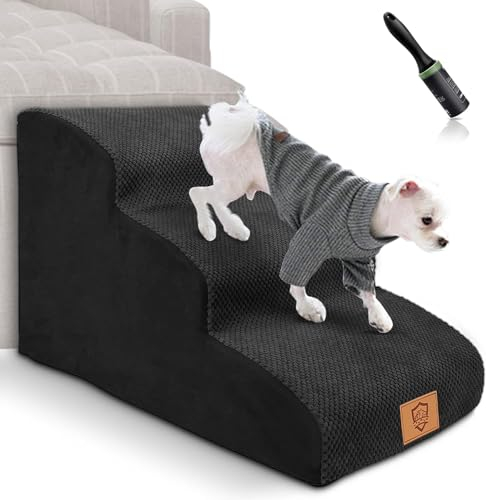 Myiosus Hundetreppe für Sofa, 3 Stufen Hundetreppe mit wasserdichtem & waschbarem Bezug, rutschfeste Schaumstoff-Haustiertreppe Rampen für Kleine und Große Hunde Katzen, 60 x 40 x 40 cm, Schwarz
