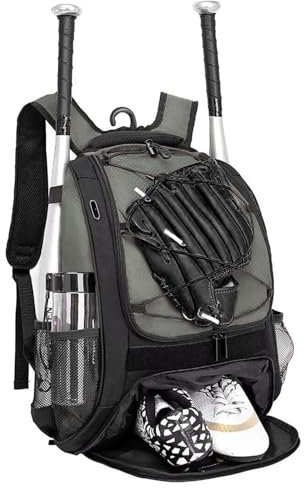 DAFISKY Baseball Bag Softball Backpack - Youth Adult T Ball Bat Equipment Bag with Bat and Helmet Holders, Shoe Compartment and Hook, Gray
