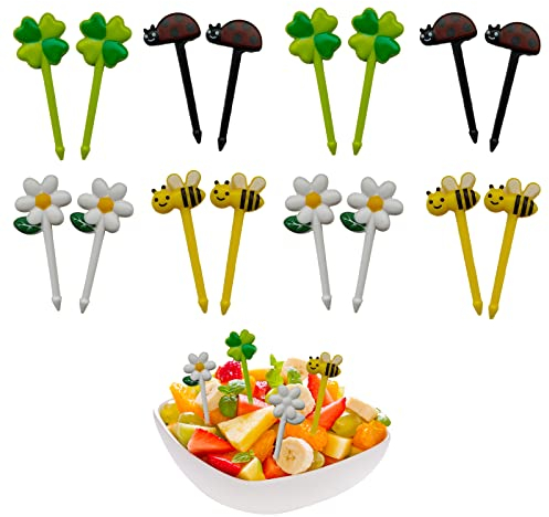 Kireida® 16 Stücke Niedlich Mini Sonnenblume Marienkäfer Obstgabeln Kinder Plastik Bento Box Zubehör Für Kinder/Erwachsene, Hochwertiger Kunststoff, leicht zu reinigen